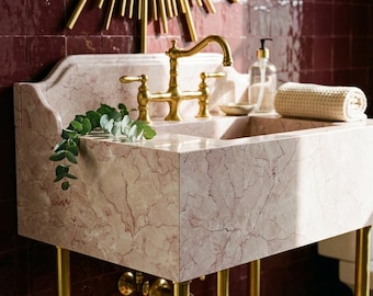 Pink Violet Hand Carved Marble Pedestal Sink with Backsplash and Optional Metal Stand, Sun Warmed Rustic Stone