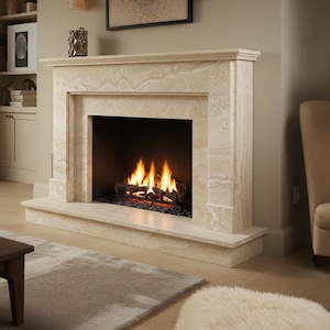 Luxury Cream Marble Fireplace Mantel – Handcrafted Travertine Stone Surround for Elegant Living Spaces