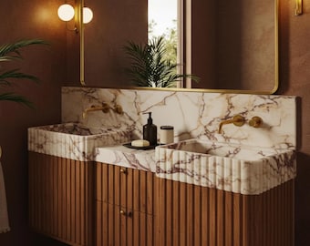Fluted Calacatta Viola Marble Double Sink Vanity – Brass Legs, Natural Stone