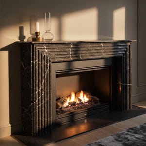 Black Marble Fireplace Mantel | Nero Marquina Art Deco Surround | Luxury Stone Mantel | Modern Custom Fireplace | Handcrafted Decor