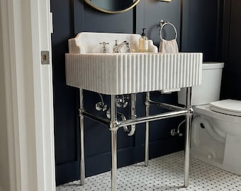 Custom Carrara Wall Mounted Marble Sink with Backsplash and Optional Metal Stand, Warm Rustic Natural Stone
