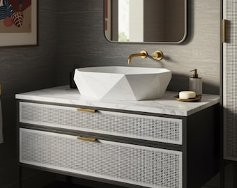 Carrara Marble Geometric Sink with Rattan Front Vanity – Modern Natural Stone Basin on Console for Contemporary Bathroom Decor M7F45
