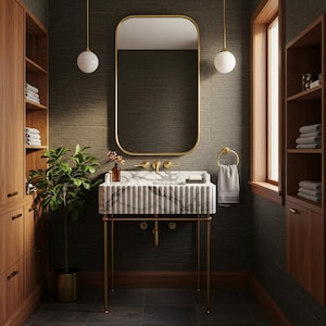 Carrara Fluted Marble Sink with Brass Console – Sculptural Vanity Top for Rich Wood Interiors and Timeless Bathroom Design