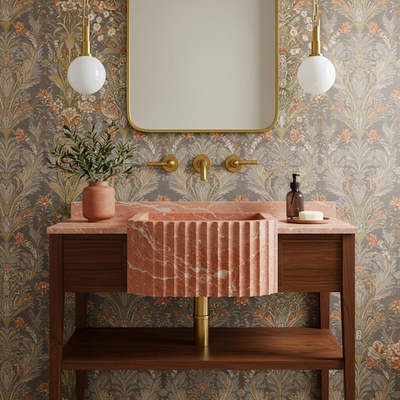 Fluted Marble Sink Basin for Bathroom Vanity | Wall Mount Console in Natural Stone | Custom Vanity Top Sink with Stone Sink Vessel M7F002