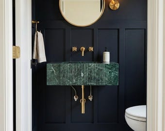 Custom Green Marble Wall Mounted Marble Sink with Hand Carved Detail, Warm Rustic Natural Stone