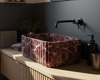 Rosso Levanto (elazig Cherry) Fluted Marble Sink – Vessel Bowl for