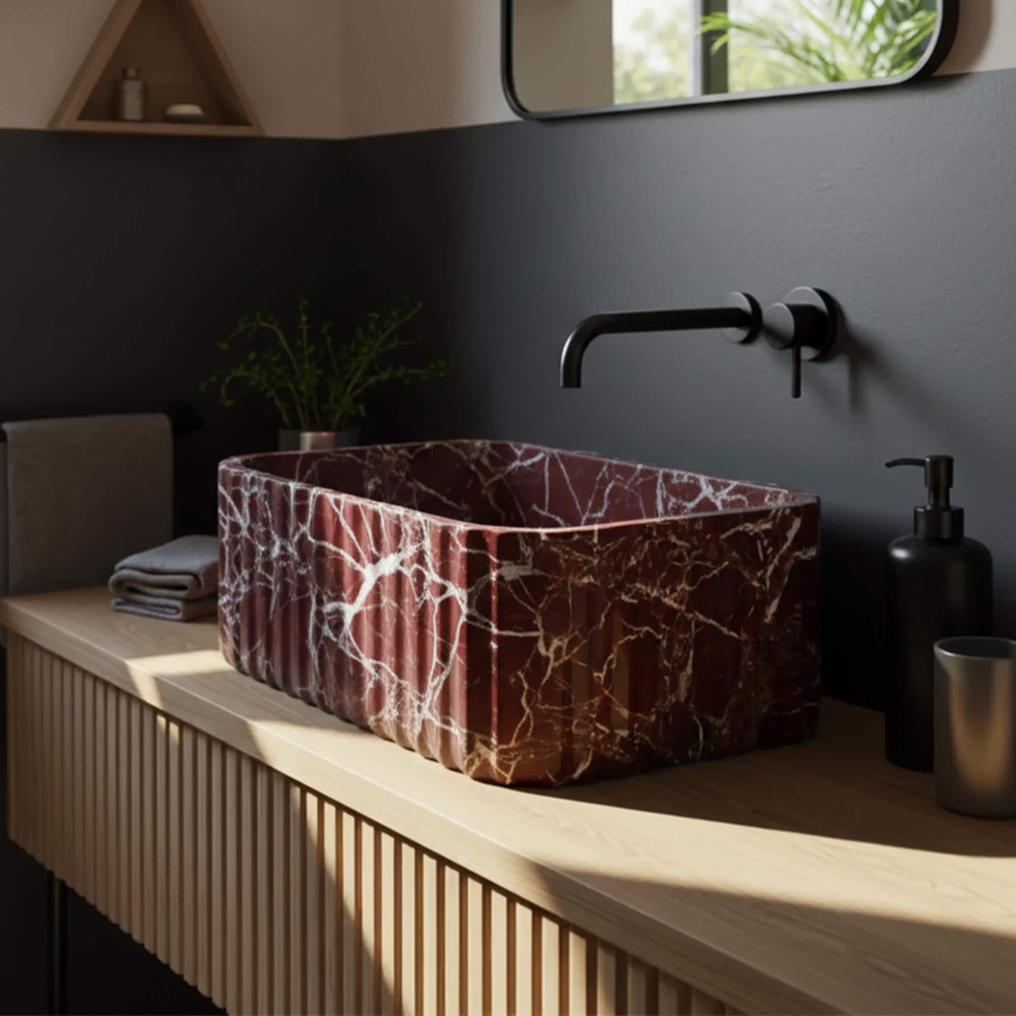 Rosso Levanto (elazig Cherry) Fluted Marble Sink – Vessel Bowl for