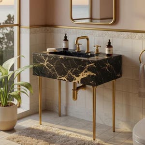Luxury Bathroom Vanity – Picasso Marble Sink Basin Console with Brass Metal Legs, Custom Natural Stone Vanity for Powder Room Design M7M010