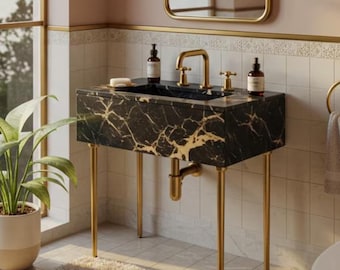 Luxury Bathroom Vanity – Picasso Marble Sink Basin Console with Brass Metal Legs, Custom Natural Stone Vanity for Powder Room Design M7M010