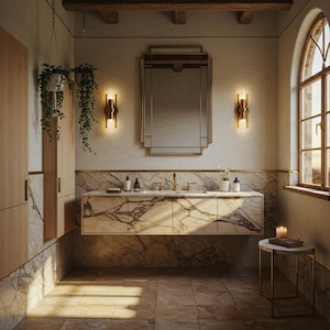 Custom Floating Marble Sink – Natural Stone Sink and Console for Bathroom Vanity, Marble Sink Top in Calacatta Monet Style M7S23