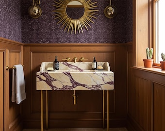 Calacatta Amber Viola Marble Sink – Wall Mounted Vanity, Luxury Natural Stone Basin, Floating Console Sink with Unique Veining M7M005