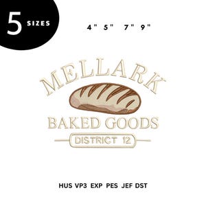 May include: A logo for "Mellark Baked Goods" featuring a loaf of bread. The logo includes the text "Baked Goods" and "District 12". The image also shows the sizes 10 cm, 13 cm, 18 cm, and 23 cm.
