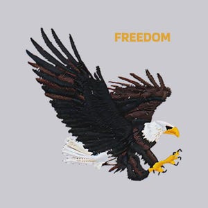Könnte beinhalten: Illustration eines Adlers im Flug, mit ausgebreiteten Flügeln und entschlossenem Blick. Der Adler hat schwarze und braune Federn, einen weißen Kopf und einen gelben Schnabel und Krallen. Das Wort "FREEDOM" steht gelb über dem Adler.