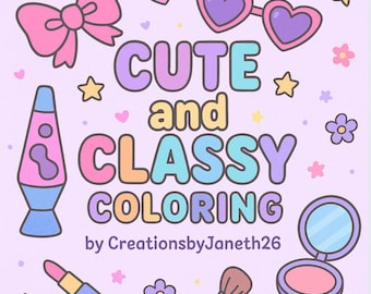 Può includere: Illustrazione dai colori pastello con le parole "CUTE and CLASSY COLORING" e vari elementi decorativi. Include un fiocco rosa, occhiali da sole a forma di cuore, stelle, fiori, una lampada a lava, rossetto, un pennello per il trucco e uno specchietto compatto.