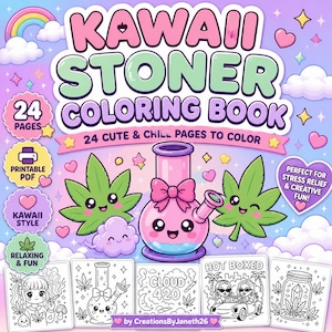 Może przedstawiać: Kolorowanka Kawaii Stoner z 24 stronami, z różowym bongiem, uśmiechniętymi liśćmi konopi i tekstem "24 Cute & Chill Pages to Color". Zawiera plik PDF do wydruku i ilustracje w stylu Kawaii.