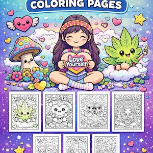 Könnte beinhalten: Ein farbenfroher digitaler Kunstdruck mit sieben Malvorlagen zum Thema Hippie. Der Titel lautet "7 Hippie Love-Themed Coloring Pages". Das Kunstwerk umfasst Zeichentrickfiguren, Herzen und den Satz "Love Yourself".
