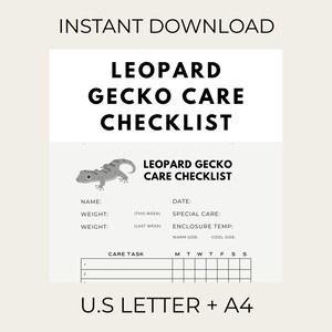 Könnte beinhalten: Eine druckbare Leopardgecko-Pflege-Checkliste mit dem Text "Sofort-Download". Die Checkliste enthält Abschnitte für Name, Gewicht, besondere Pflege und Gehäusetemperatur. Das Design zeigt eine graue Gecko-Illustration.