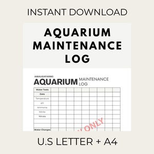 Puede incluir: Un registro digital de mantenimiento de acuario con el texto "Aquarium Maintenance Log" en letras negras en negrita. El registro incluye secciones para pruebas de agua, fecha, temperatura, pH, amoníaco, nitrito y nitrato.