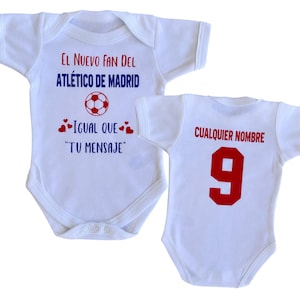Body de bebé personalizado del Atlético de Madrid: regalo para aficionados al fútbol, con nombre y número personalizados.