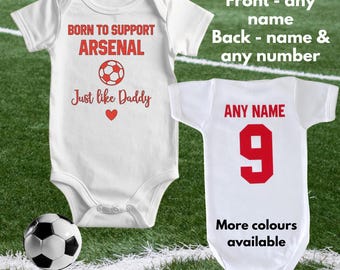 パーソナライズされたアーセナルベビーボディスーツ：サッカーベビーグロー、新生児ギフト、カスタムネーム＆ナンバー