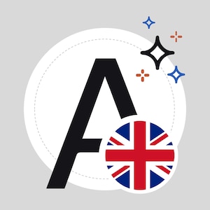 Peut inclure: Graphique avec une grande lettre "A" noire à l'intérieur d'un cercle blanc. Un cercle plus petit avec le drapeau Union Jack est en dessous de la lettre. Des étoiles scintillantes bleues, noires et marron sont en haut à droite.