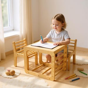 Montessori Toddler Desk and Chair Set - Wooden Kids Study Table for Drawing & Learning - Cube Desk for Home or Playroom