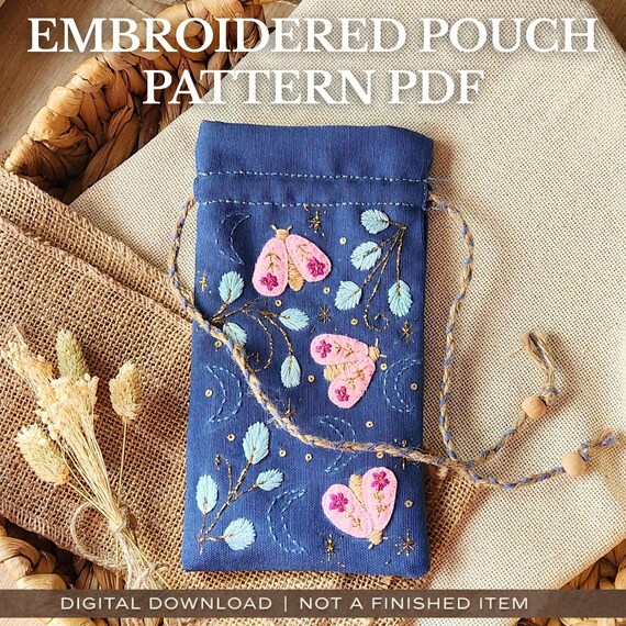 Moth and Moon Embroidered Pouch PDF Pattern  Hand Embroidery & Sewing Tutorial (Digital Download)