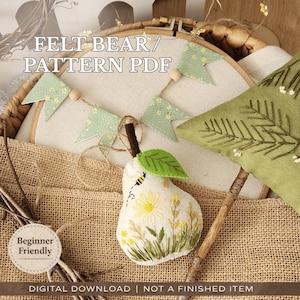Patroon voor een vilten peer (PDF), fruitornament naaien, borduren, doe-het-zelf decoratie, beginnersvriendelijk