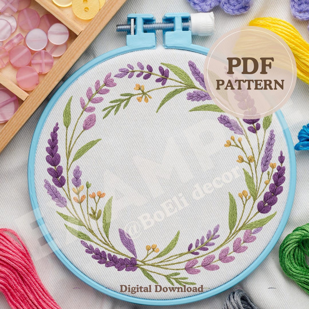 Lavender Floral Wreath Embroidery Pattern: Beginner Friendly, 3 Sizes ...