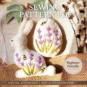 Easter Bunny & Egg Sewing Pattern PDF, Felt Ornament Embroidery Tutorial