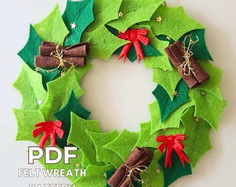 Patrón de corona navideña de fieltro / Decoración navideña para puerta (DIY) / Plantilla de costura en PDF para principiantes