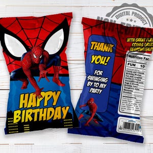 May include: Two red and blue chip bags featuring Spider-Man graphics. The front displays the text Happy Birthday and a city skyline. The back includes the text Thank You For Swinging By To My Party, a nutrition facts label, and a barcode.
