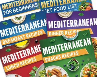 6PCS Mediterranean Diet Food List Set, Healthy Meal Planner, Recipe Guide & Nutrition Charts for Weight Loss and Heart Health