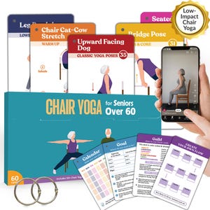 Chair Yoga Cards for Seniors – 50 Large Exercise Cards with Video Guides, Reusable Planner & Goal Cards for Mobility, Balance and Strength