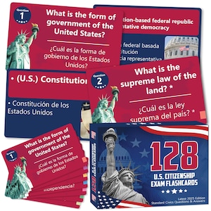 May include: A stack of red and blue flashcards with questions about U.S. civics, featuring the Statue of Liberty. The box reads "128 U.S. Citizenship Exam Flashcards" with the latest edition information.