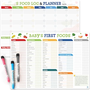 May include: A white baby food log and planner with sections for each day of the week. It includes a food chart with fruits, vegetables, protein, dairy, and other food categories, along with a section for common allergens. Three colorful dry-erase markers are included.