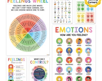 6pcs Calming Corner Poster Set – Feelings Chart, Mood Meter, Zones of Regulation