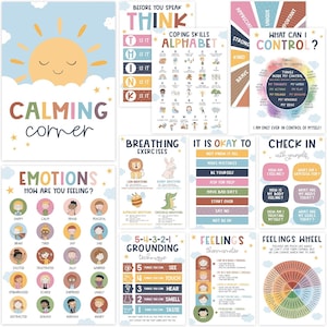 12pcs Boho Calming Corner Posters for Kids – 10x14 Feelings & Emotion Chart for Classroom, Therapy, or Home Decor