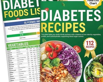 2PCS Diabetes Food List & Meal Planner – 400+ Foods, 112 Recipes and Low GI Chart | Easy Meal Planning for Type 1 and Type 2 Diabetes