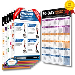 May include: A stack of laminated workout posters and a 30-day vibration plate challenge chart. The posters detail warm-up exercises, including starting stance, tilting hips, and neutral spine positions. The chart provides a daily exercise schedule.