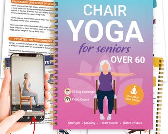 Chair Yoga Book For Seniors, 30 Seated Exercise Poses with QR Video Guide, 30 Day Challenge, Laminated Tracker, Gift For Elderly