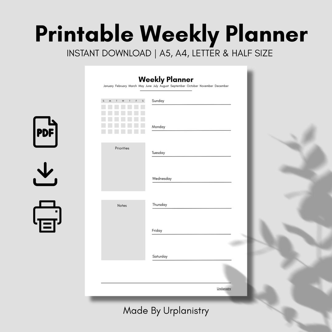 Minimalist Weekly Planner Printable: Undated A4 A5 Letter and Half ...