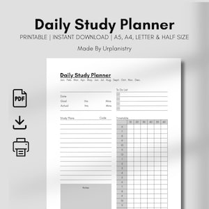 Może przedstawiać: Biały, drukowany codzienny plan nauki z tytułem "Daily Study Planner" pogrubioną czcionką. Plan zawiera sekcje na daty, cele, plany nauki i harmonogram. Widoczny jest również tekst "PRINTABLE | INSTANT DOWNLOAD".