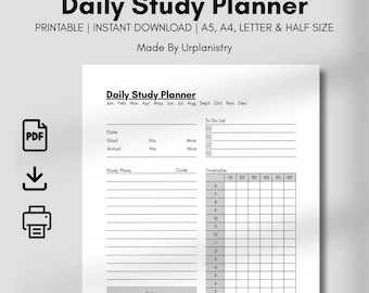 May include: A white printable daily study planner with the title "Daily Study Planner" in a bold black font. The planner includes sections for dates, goals, study plans, and a timetable. The text "PRINTABLE | INSTANT DOWNLOAD" is also visible.