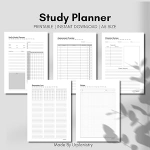 May include: A set of A5-sized printable study planner pages. The pages include a daily study planner, assignment tracker, chapter review, semester log, and a notes section. The text "Study Planner" and "Printable | Instant Download | A5 Size" are visible.