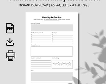 Afdrukbare maandelijkse reflectieplanner: doelentracker, zelfbewustzijn (pdf-download, A4/A5/Letter/Half Size)
