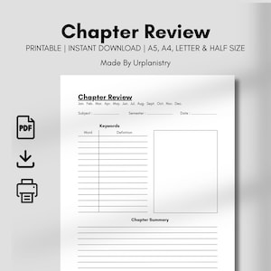 Op de afbeelding: Een afdrukbaar Chapter Review-blad met de tekst "Chapter Review" bovenaan. Het blad bevat secties voor onderwerp, semester en datum, samen met een trefwoordsectie en een hoofdstuksamenvattingsgebied. Beschikbaar in A5, A4, Letter & Half formaten.