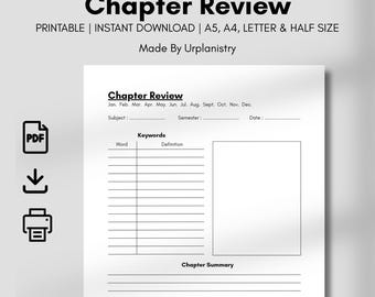 Chapter Review Template Printable | Study Notes, Book Summary, Academic Review Sheet | A4 A5 Letter Half Size PDF