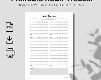 Ausdruckbarer Habit Tracker: täglich, wöchentlich, monatlich (A5, A4, Letter, halbe Größe) (PDF Download)