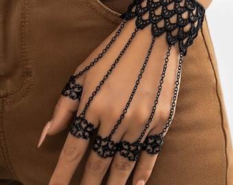 Black Lace Hand Chain Bracelet, Gothic Finger Ring Hand Harness, Adjustable Festival Jewelry